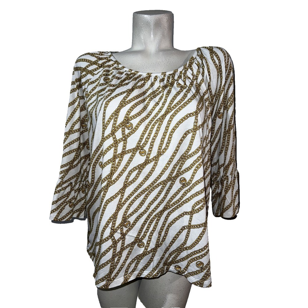 Michael Kors Womens Size XL White Gold Chain Link Logo Ruffle Sleeve Blouse Top - Picture 1 of 6